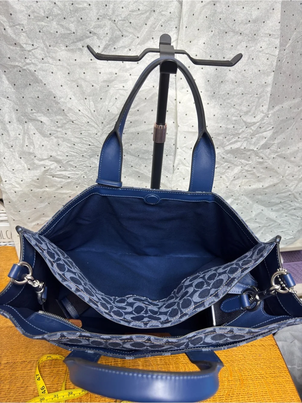 NEW Coach Wesley Blue denim Signature Monogram Tote with Leather Trim